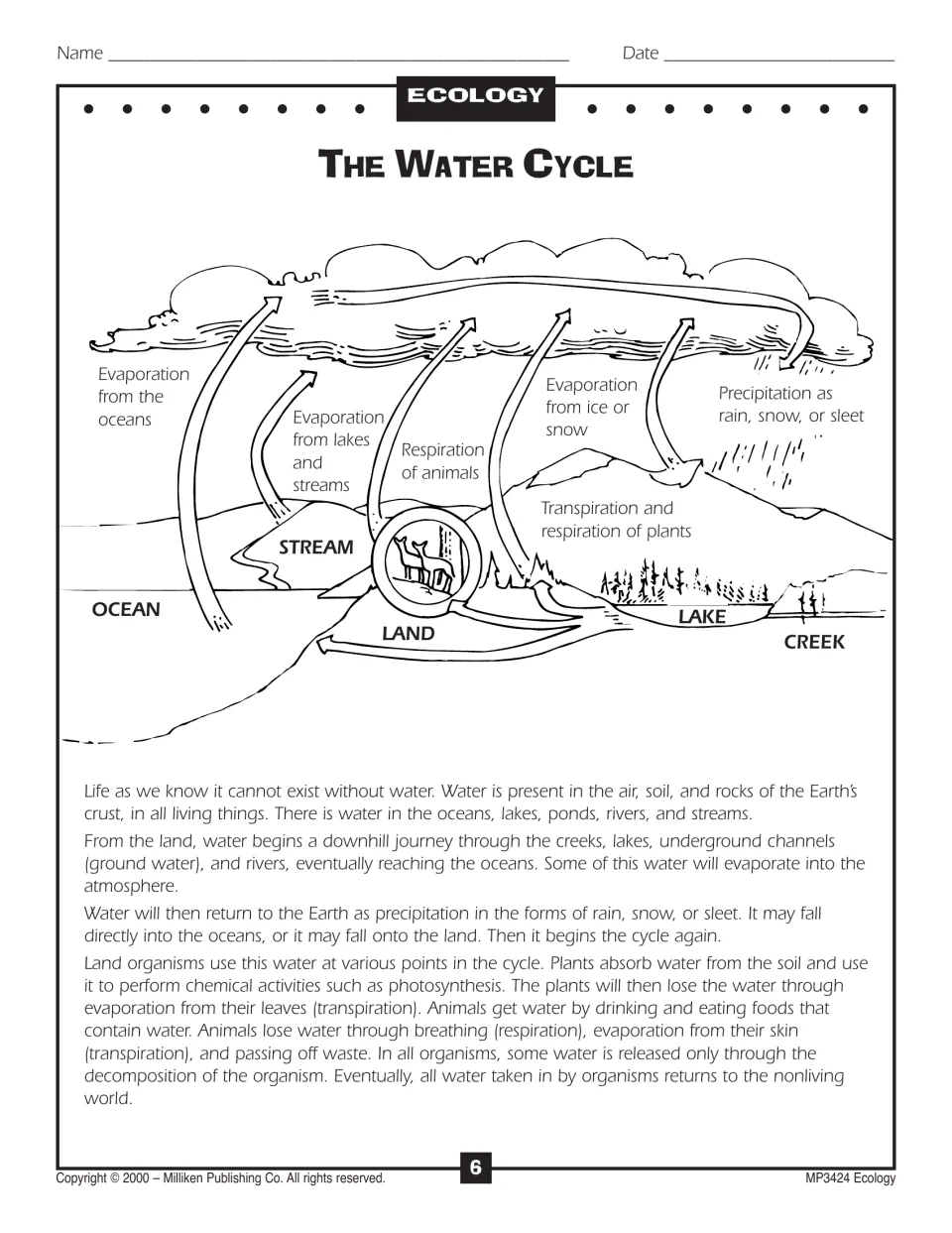 The Water Cycle diagram labeled with evaporation, precipitation, transpiration and respiration, plus a reading