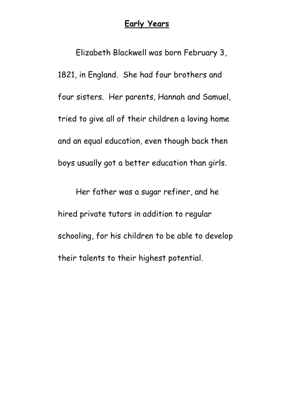 Biography reading page: Elizabeth Blackwell’s early years, eight siblings, and equal education at home