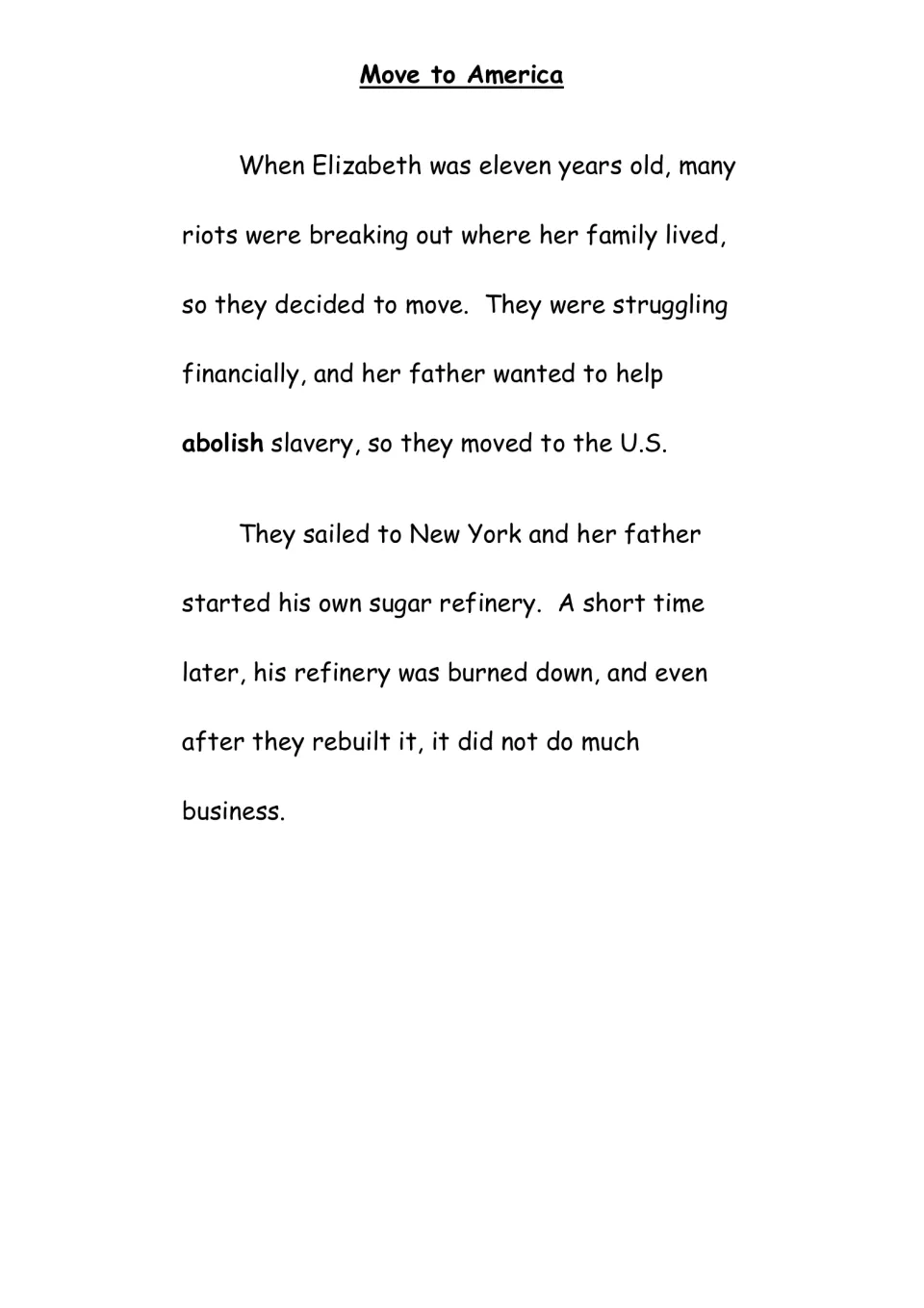 Biography reading page: Blackwell’s family moves to America and rebuilds a sugar refinery after a fire