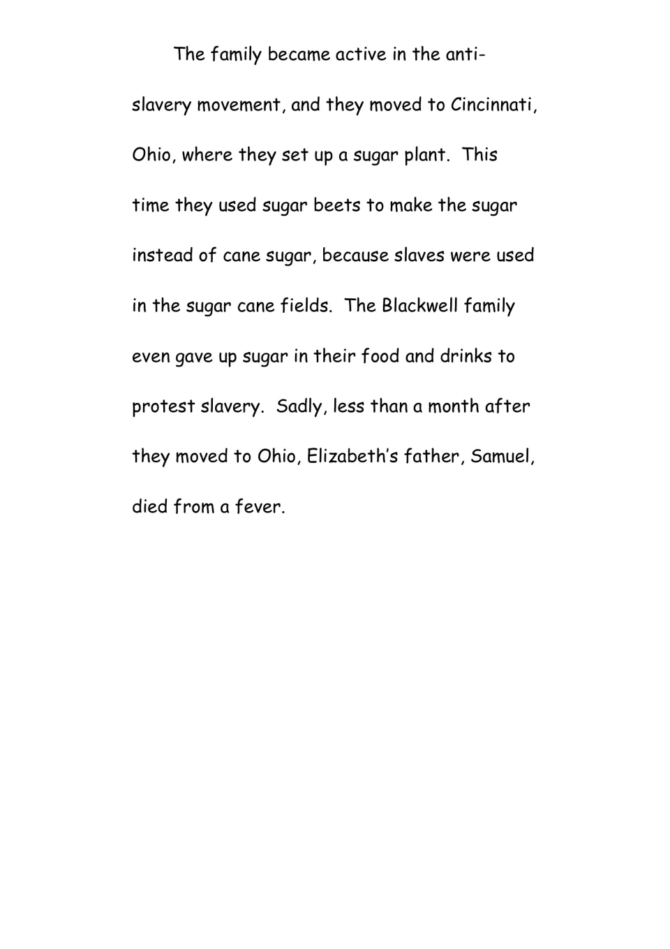 Biography reading page: the Blackwells oppose slavery, move to Ohio, and lose Elizabeth’s father to fever