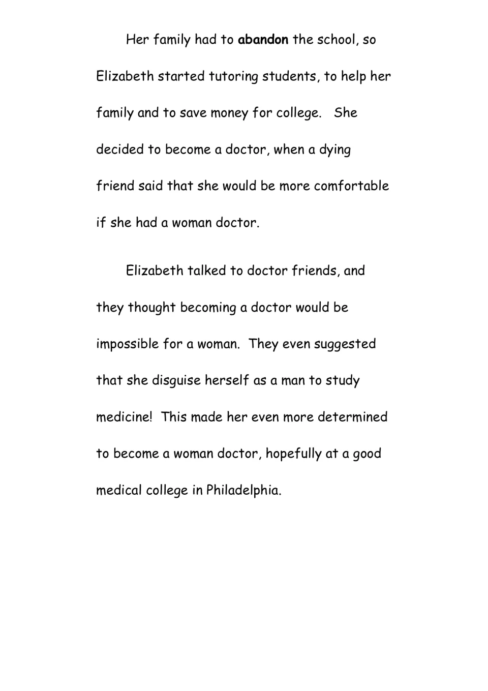 Biography reading page: Elizabeth tutors students and decides to become a doctor after a friend’s request
