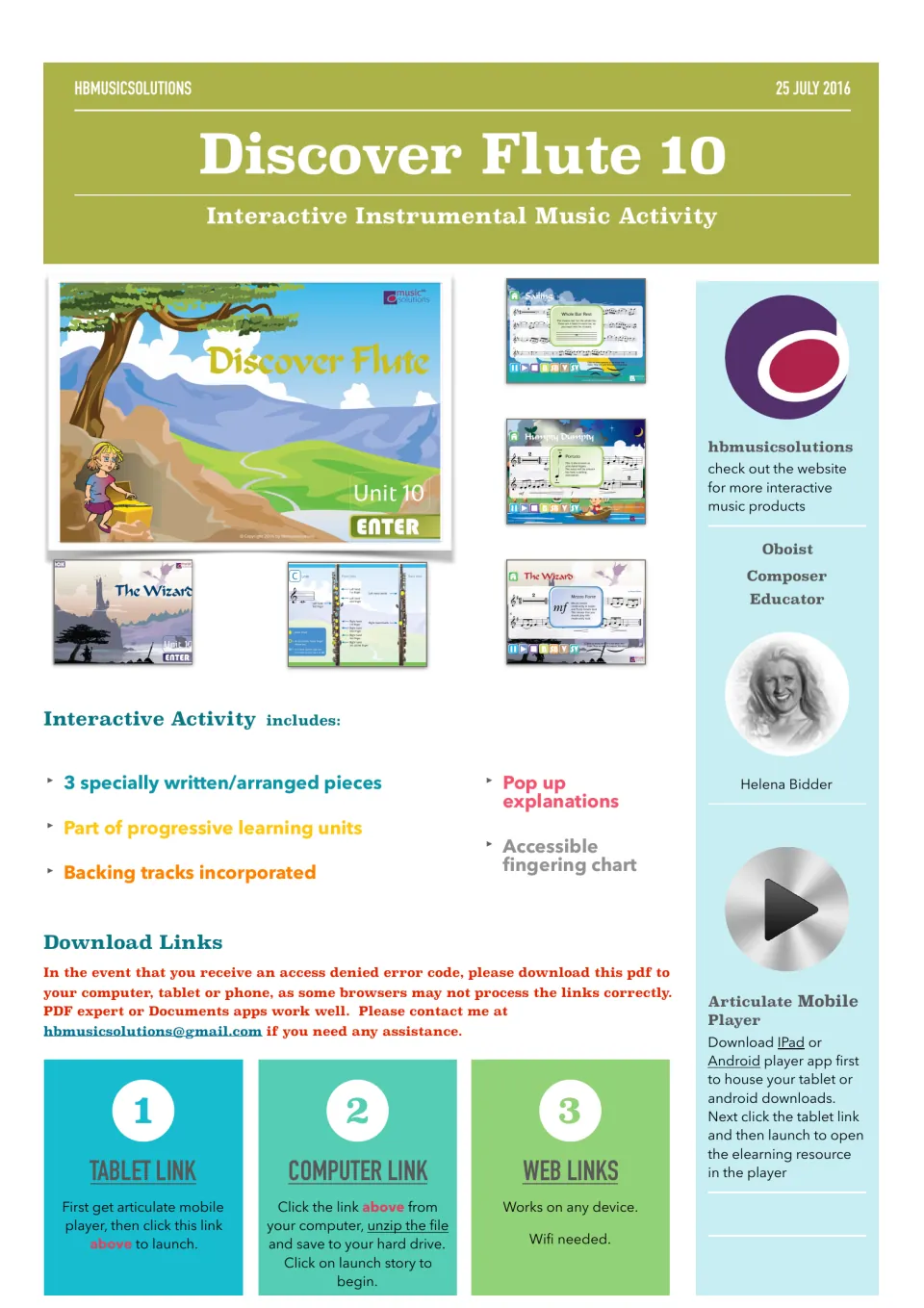 Discover Flute 10 cover: Unit 10 interactive flute lesson screens, three pieces, pop-up explanations and tablet links