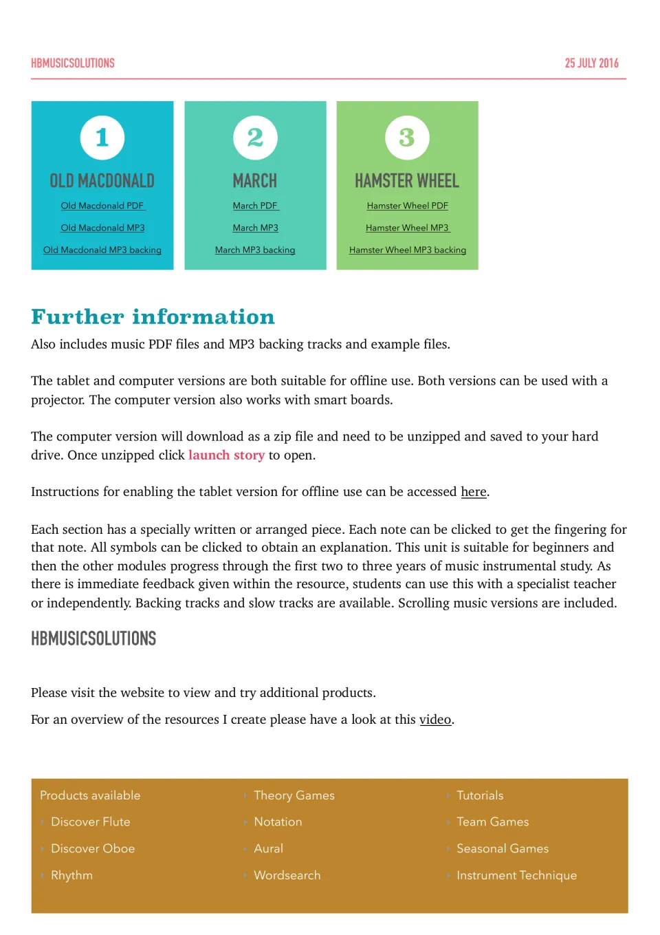 Flute pieces Old Macdonald, March and Hamster Wheel with PDF sheet music, MP3 and backing track links, plus usage notes