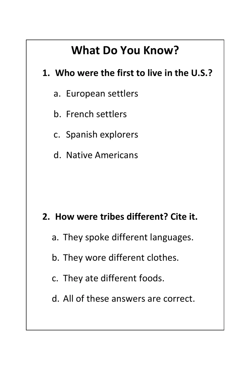 Two reading questions ask who first lived in the U.S. and how tribes differed in language, clothing, and food.
