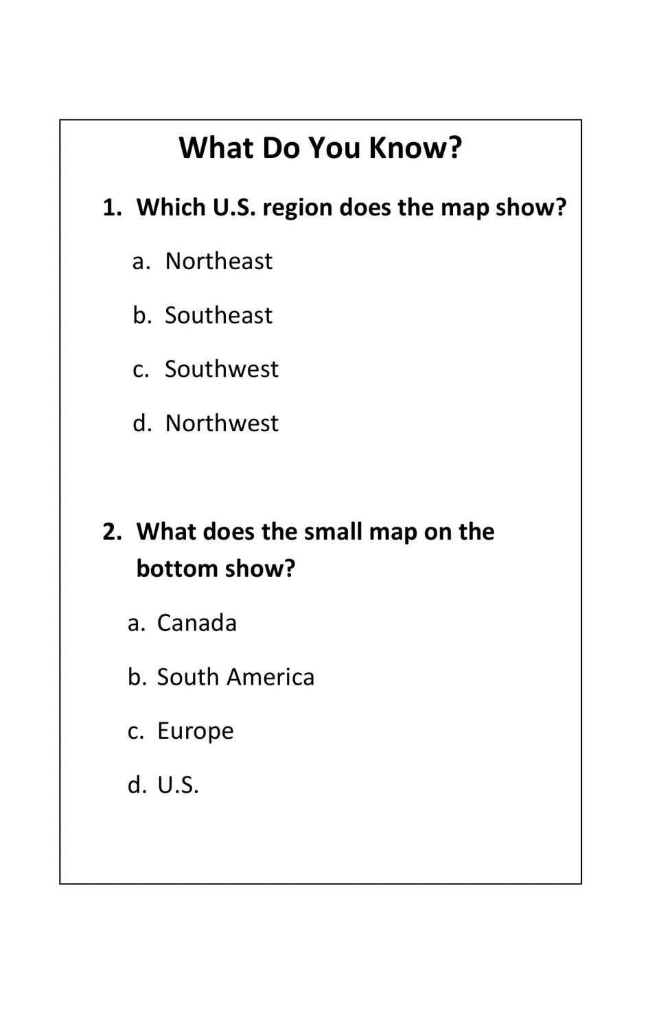 Two Trail of Tears map questions ask which U.S. region is shown and what the small locator map shows.