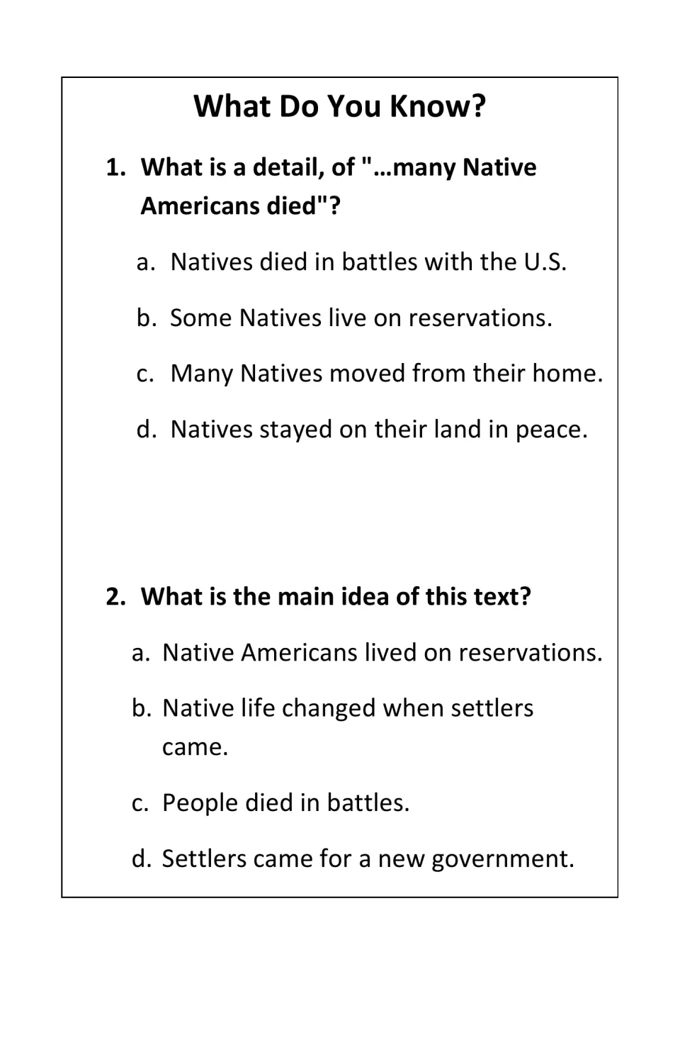 Two comprehension questions ask for a detail about Native American deaths and the settlers passage's main idea.