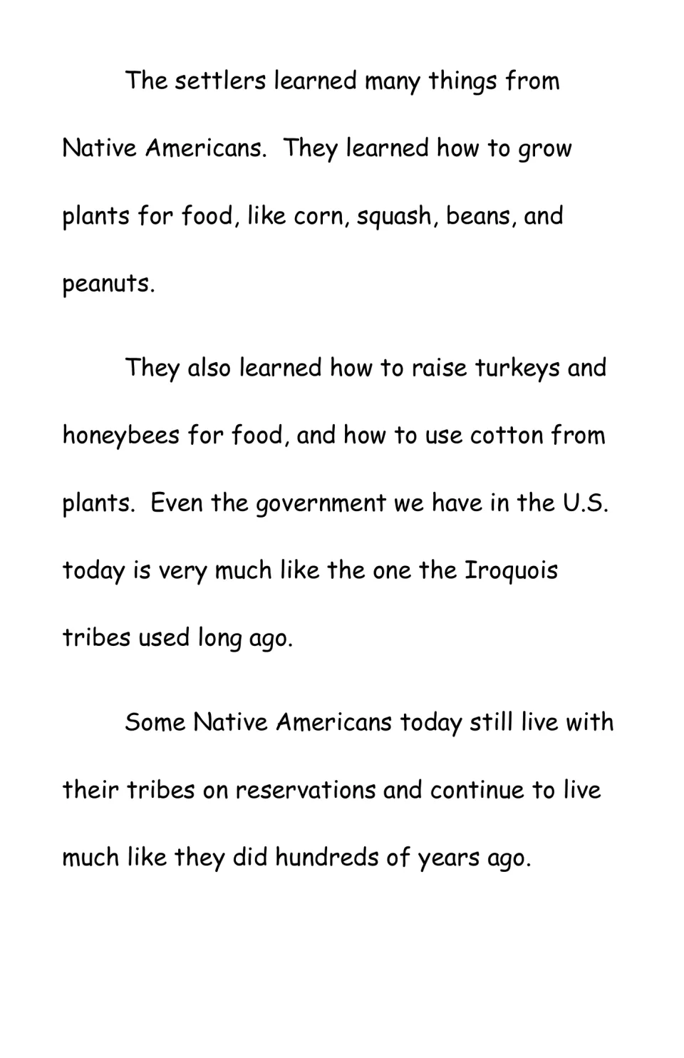 Reading passage discusses what settlers learned from Native Americans about food, cotton, and government.