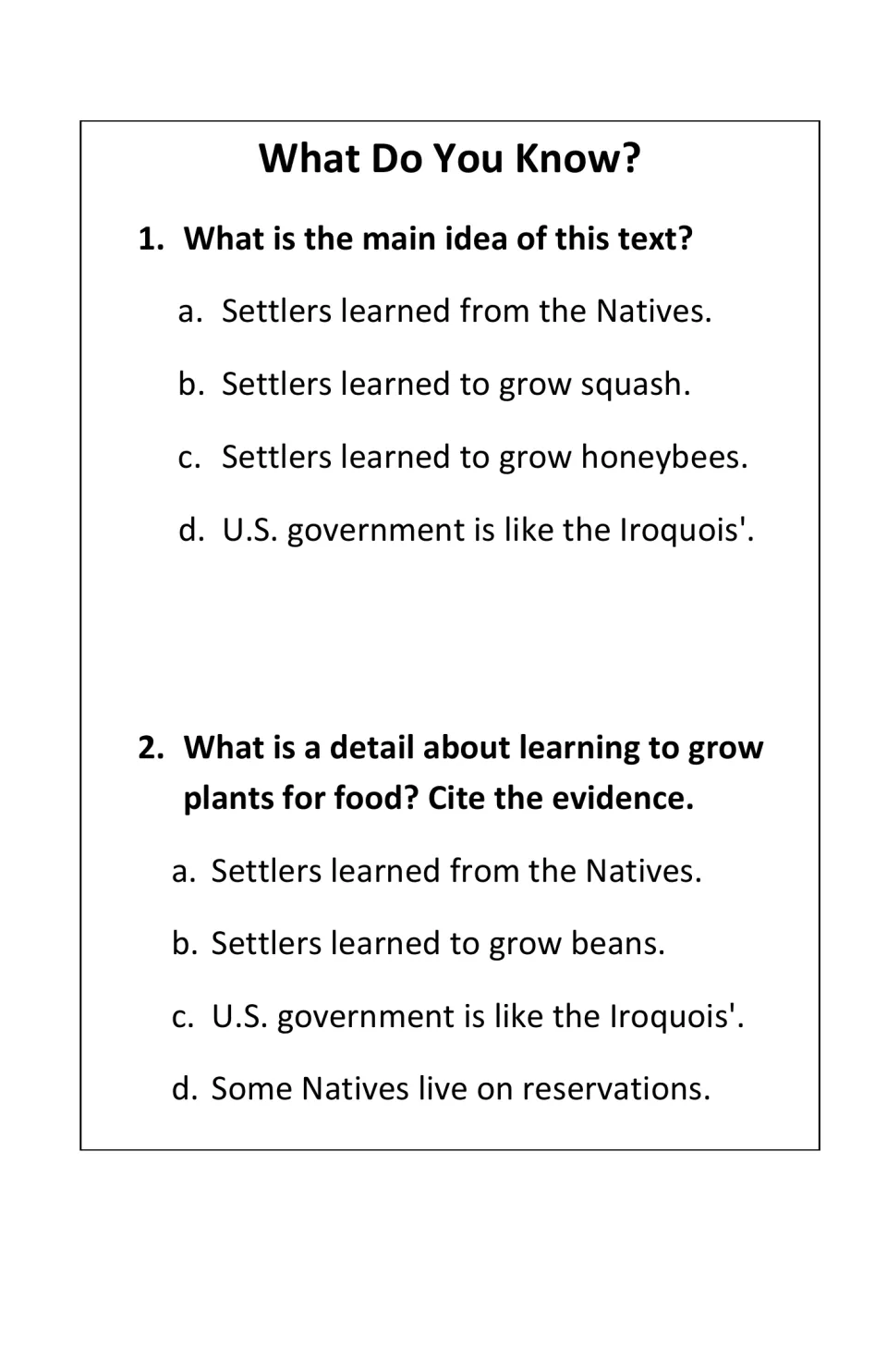 Two reading questions ask for the main idea about settlers learning and evidence about growing food plants.