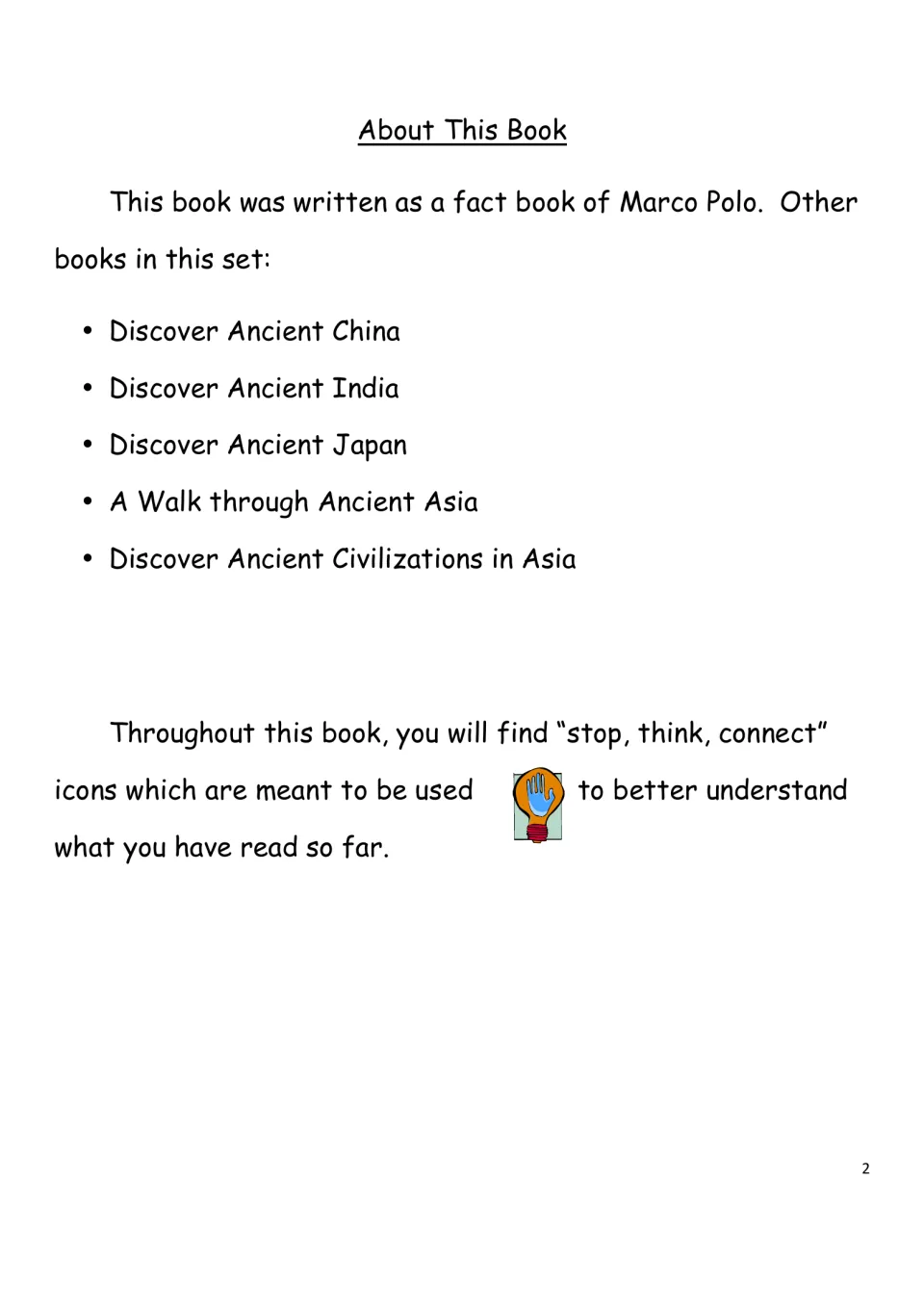 History eBook introduction explaining the “stop, think, connect” icons used throughout the Marco Polo reading