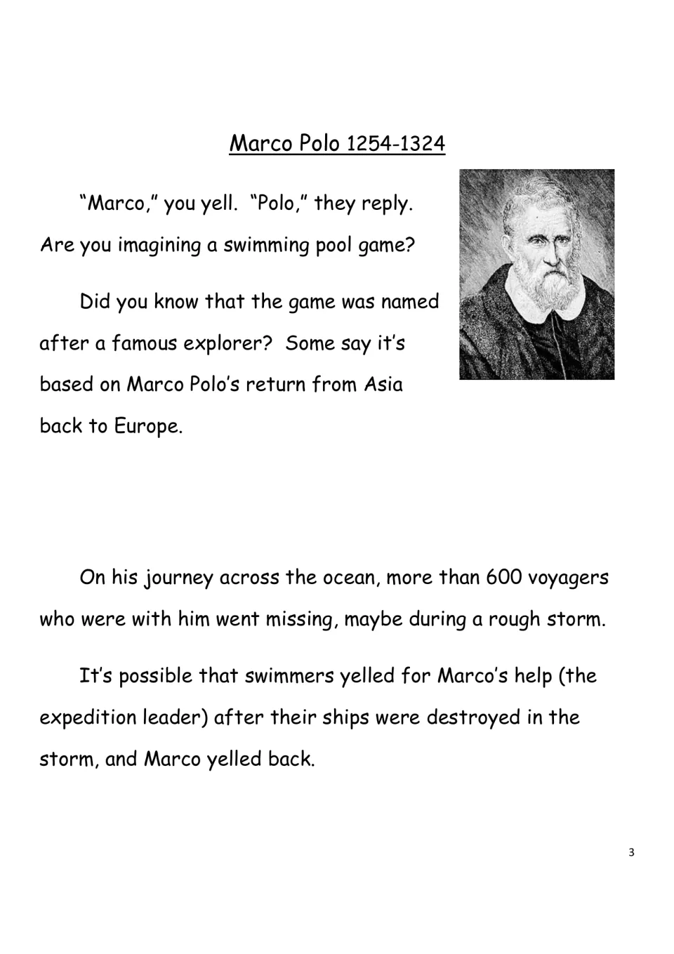 Opening biography page linking the Marco Polo swimming game to a story about voyagers lost on his return trip