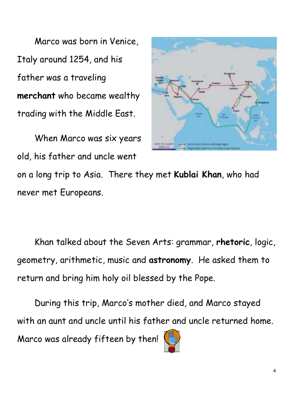 Biography page covering Marco’s childhood in Venice and his father and uncle’s meeting with Kublai Khan