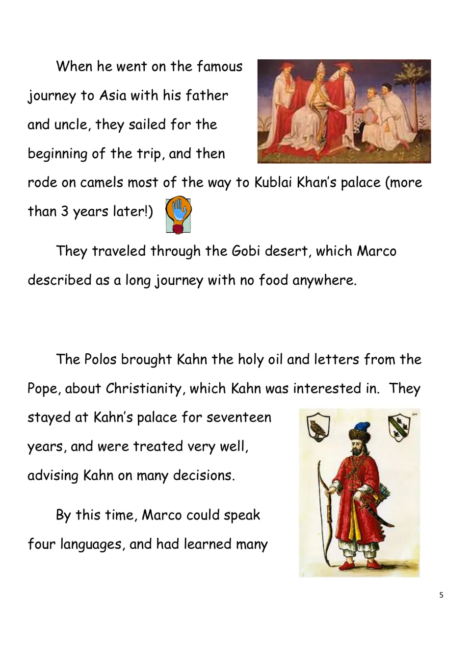 Biography page tracing Marco’s camel journey through the Gobi Desert and seventeen years at Khan’s palace