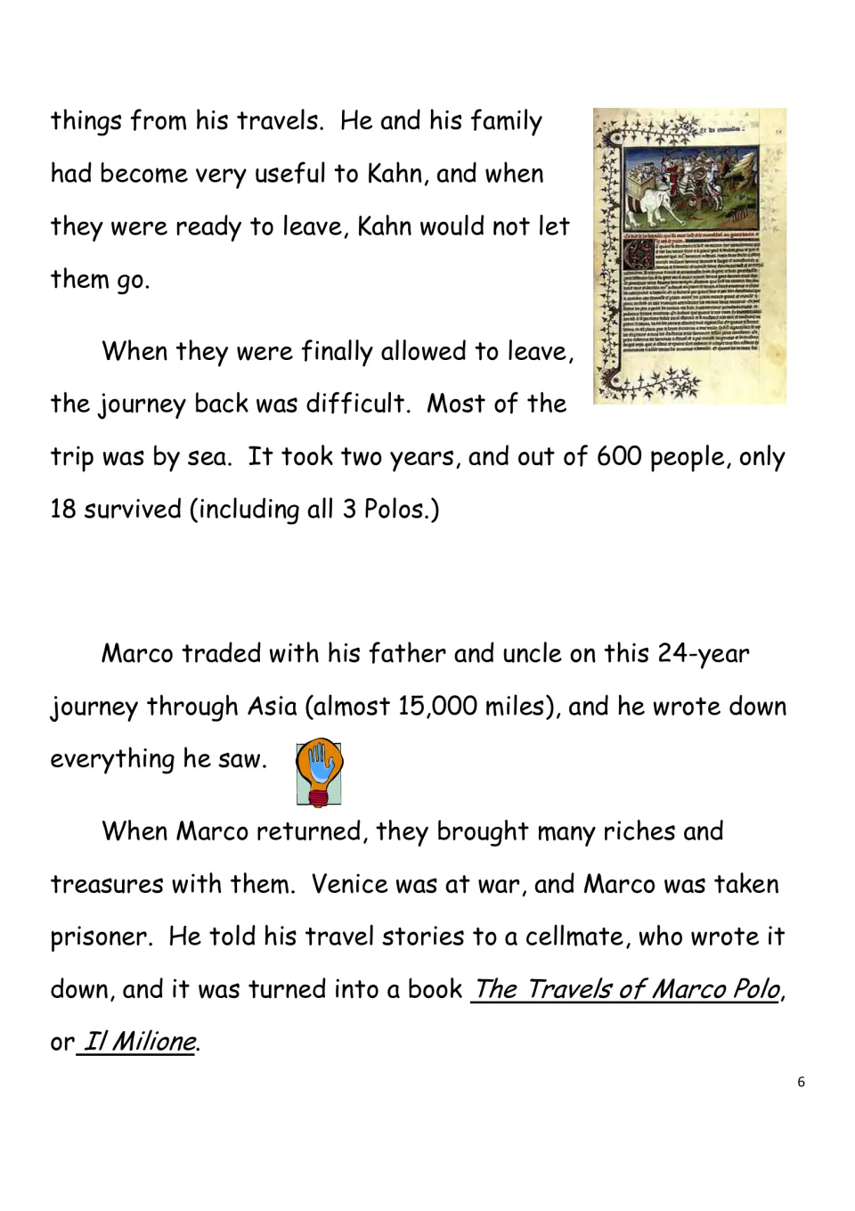 Biography page recounting the Polos’ difficult sea voyage home and Marco’s prison stories becoming a book
