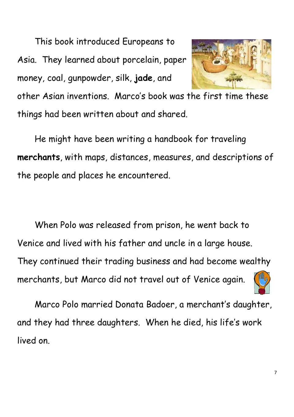 Biography page explaining what Europeans learned from Marco’s book and describing his later family life