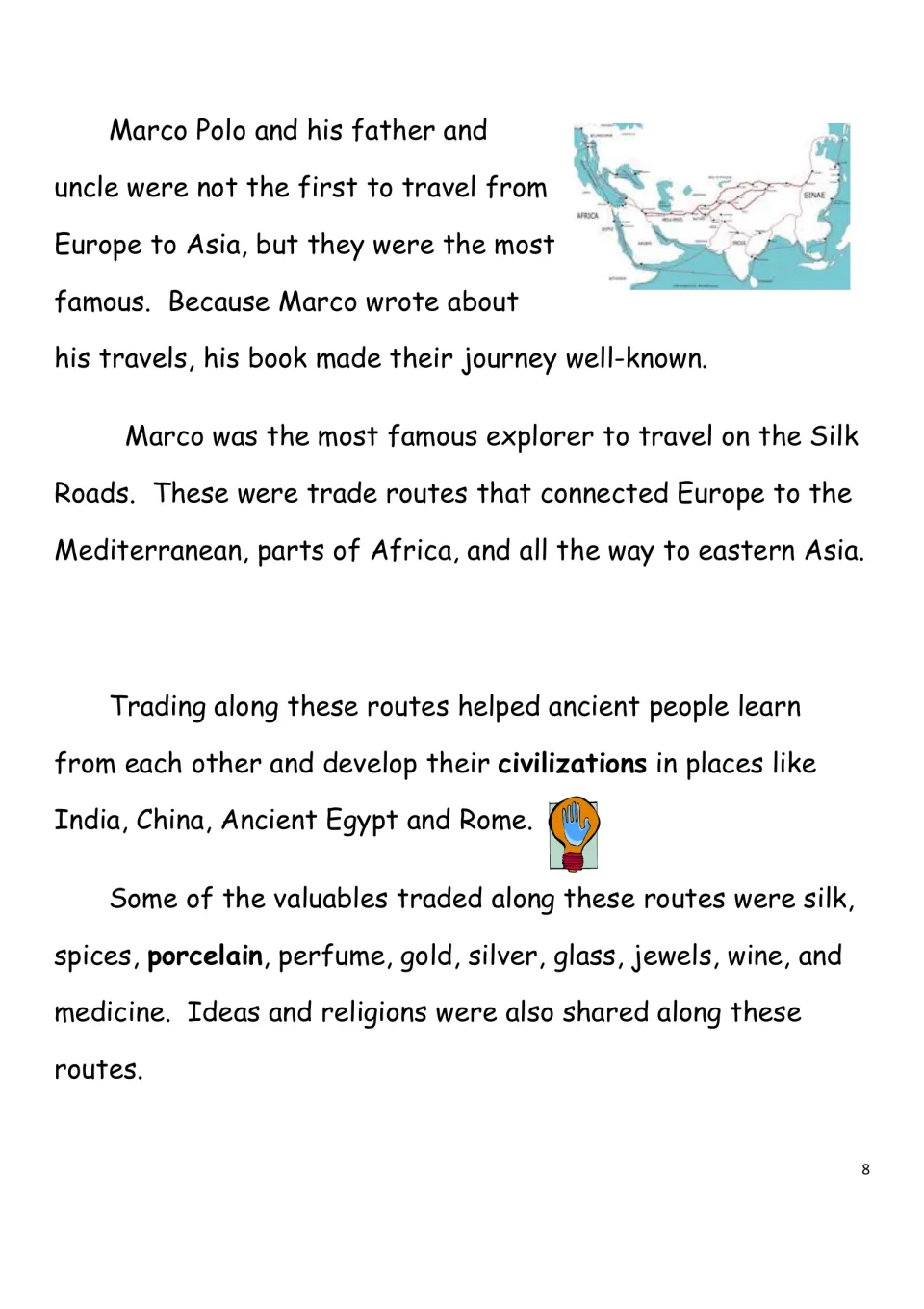 History reading page explaining the Silk Roads and the goods, ideas, and religions shared along these routes