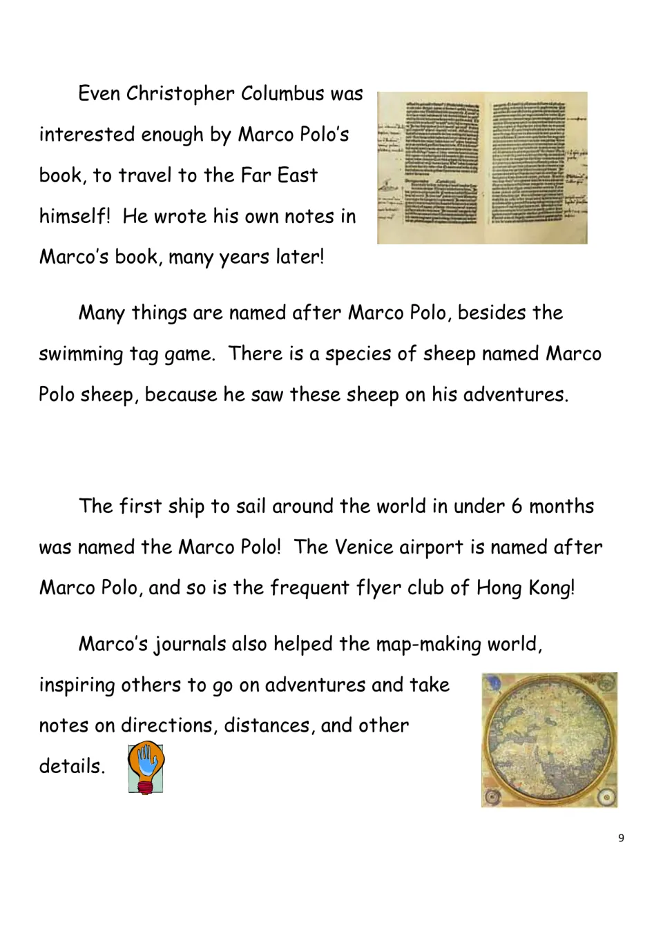 Legacy reading page describing Marco’s influence on Columbus and mapmaking, plus things named after him