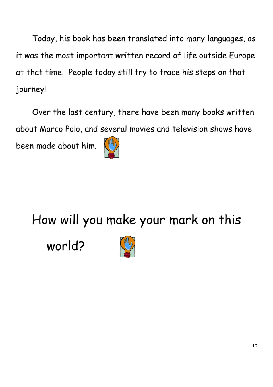 Closing reading page on Marco’s lasting legacy, asking readers, “How will you make your mark on this world?”