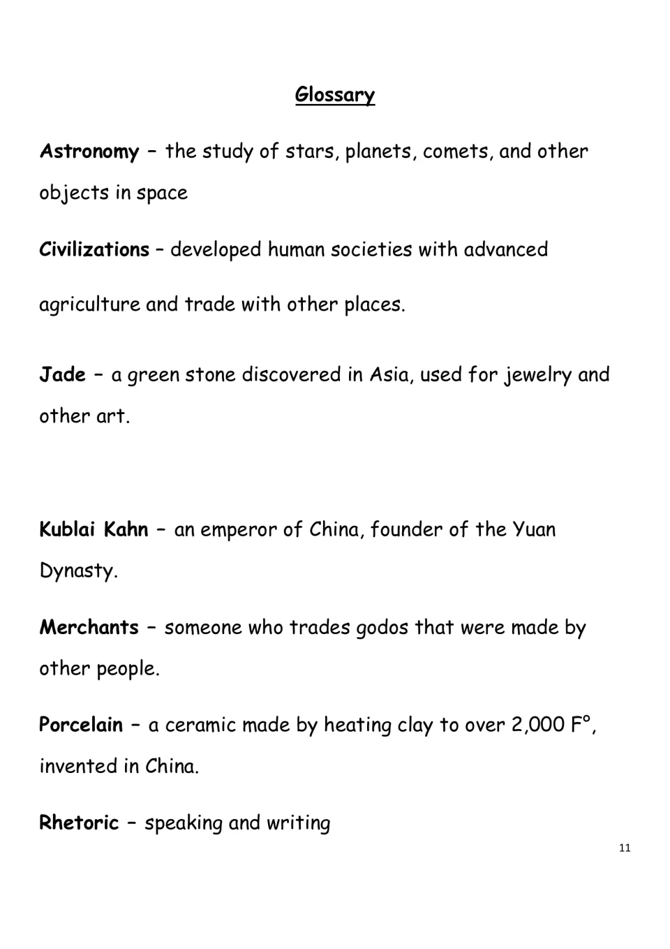 History eBook glossary defining astronomy, civilizations, jade, Kublai Kahn, merchants, porcelain, and rhetoric