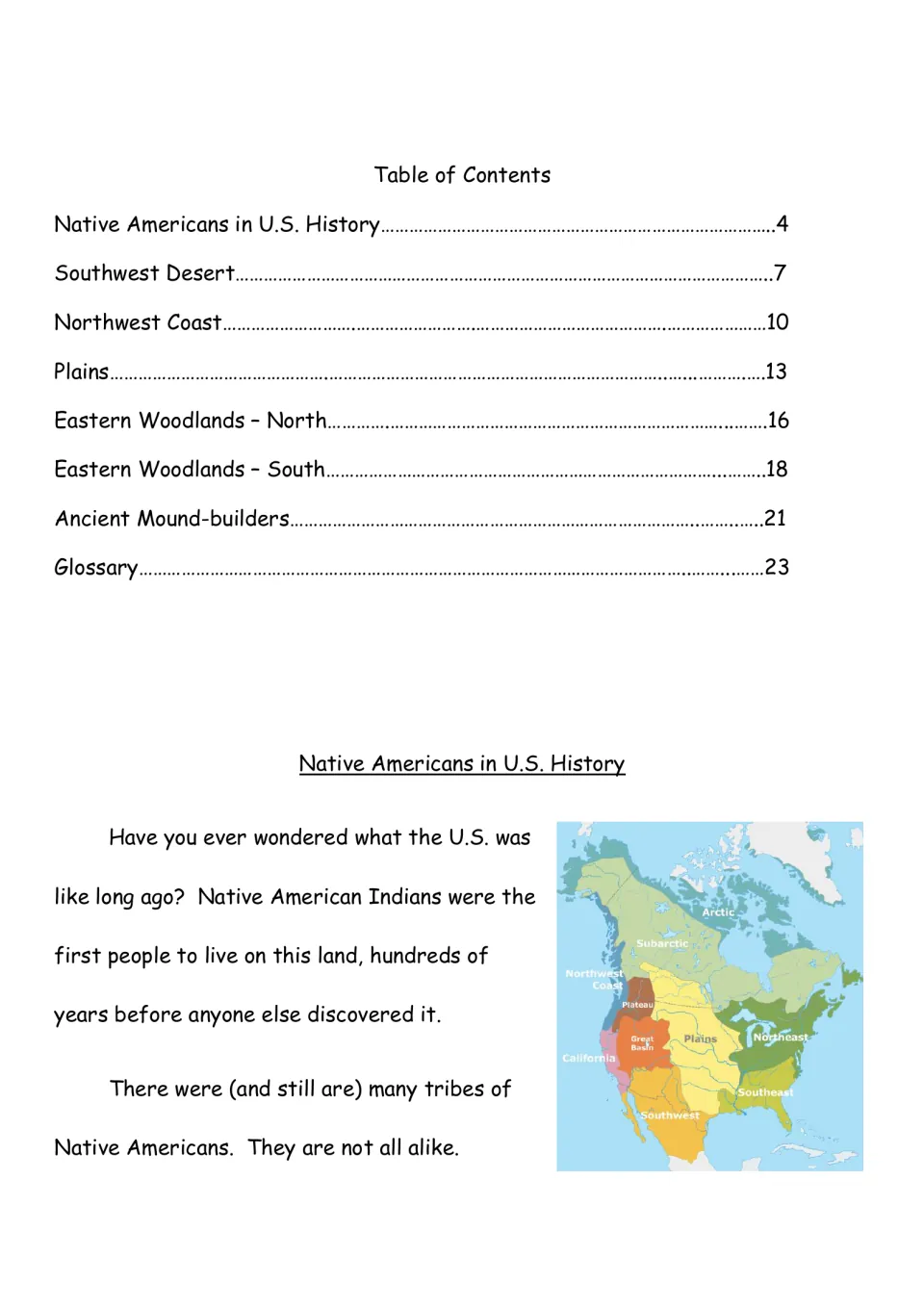 History eBook contents and introduction list regional chapters and introduce Native American tribal diversity.