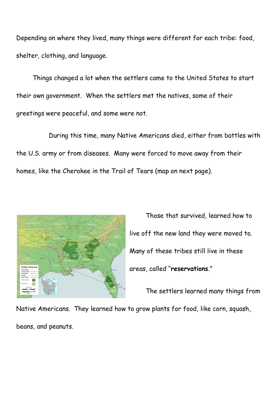 Introduction continues with settlers, forced removal, the Trail of Tears, reservations, and food crops.