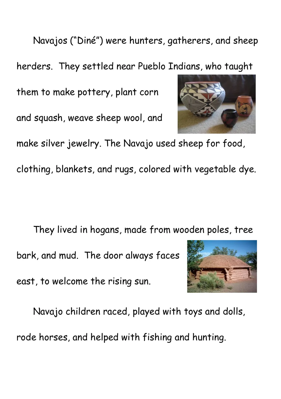 Navajo chapter reading describes sheep herding, pottery, weaving, hogan homes, and children's activities.