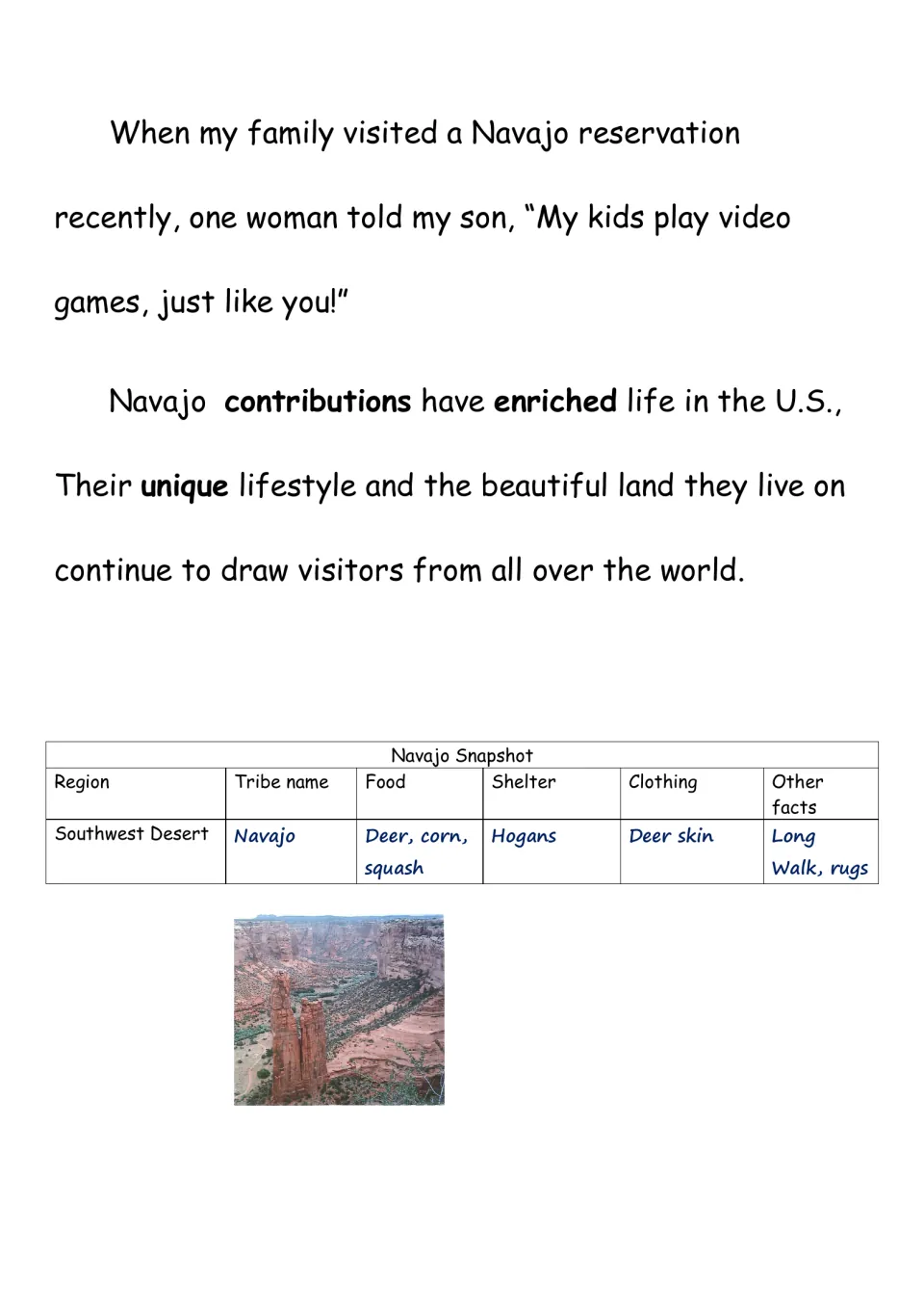 Navajo chapter closes with a family visit, cultural contributions, and a summary of food, homes, and clothing.