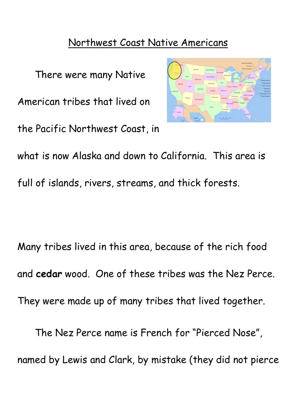 Northwest Coast chapter opens with regional geography, cedar resources, and an introduction to the Nez Perce.