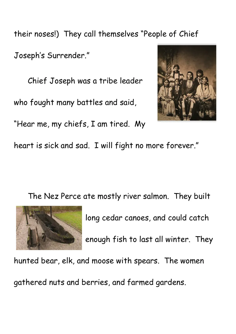 Nez Perce chapter reading introduces Chief Joseph's surrender statement, salmon fishing, canoes, and hunting.