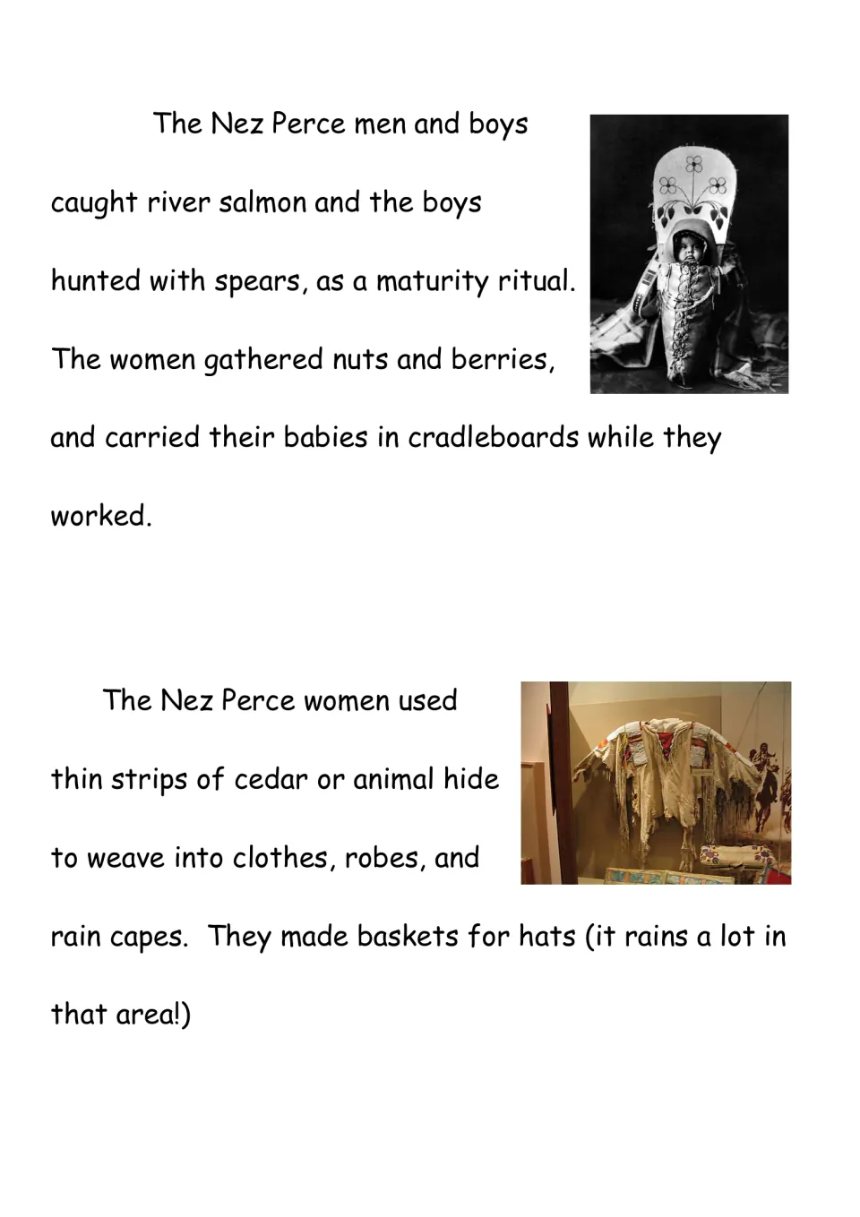 Nez Perce chapter reading covers fishing, hunting, gathering, cradleboards, and cedar or animal-hide clothing.