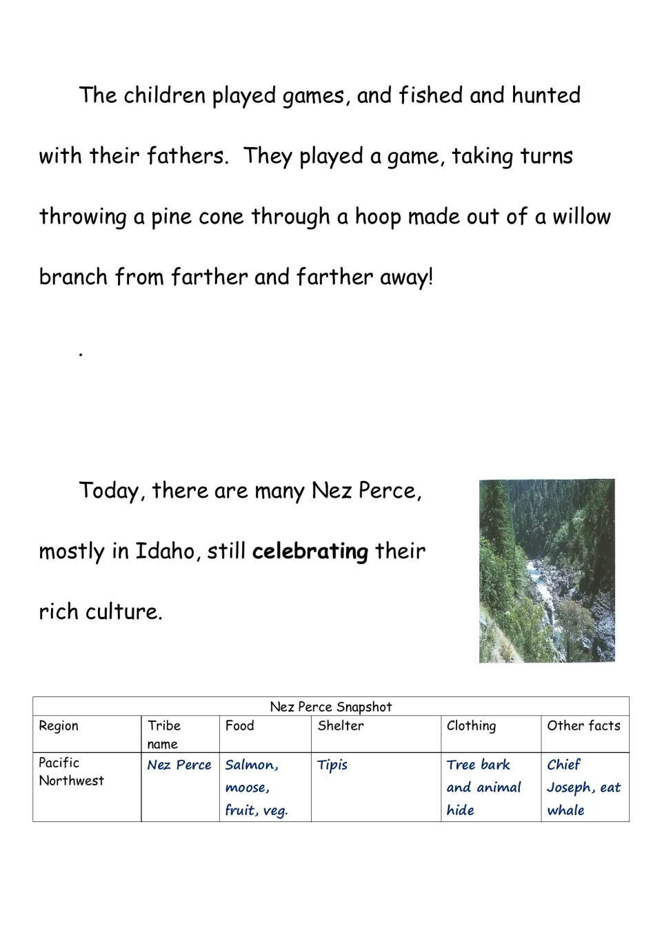 Nez Perce chapter closes with a pine cone hoop game, culture in Idaho, and a summary of food, homes, and clothing.