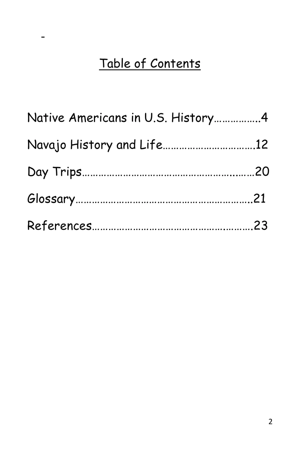 Table of contents for the history eBook lists Native American history, Navajo life, day trips and reference sections
