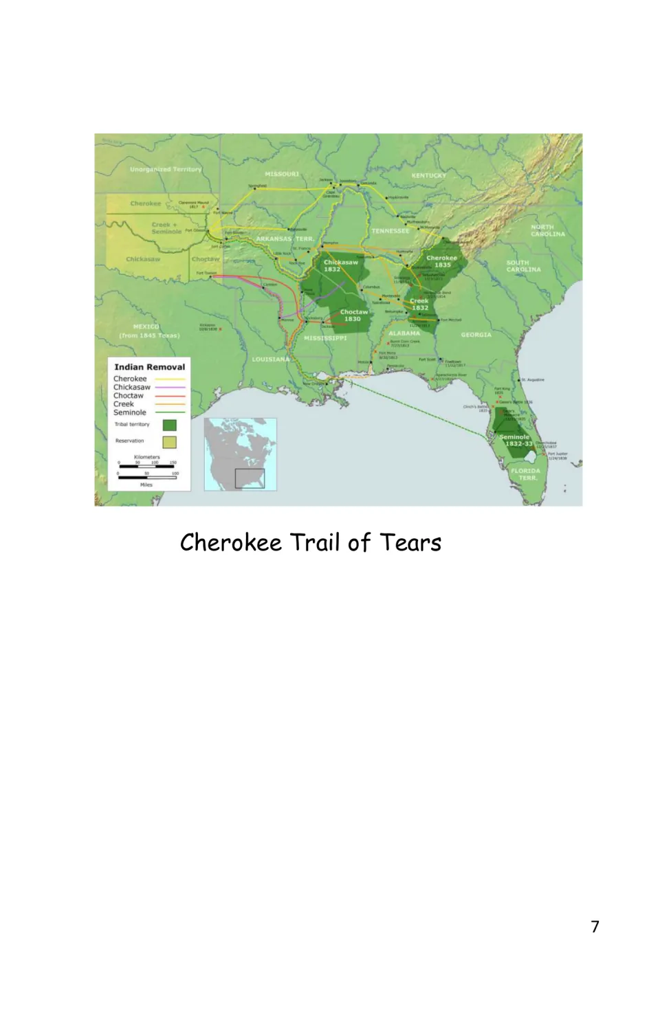 History eBook map titled Cherokee Trail of Tears shows removal routes and a small North America locator map