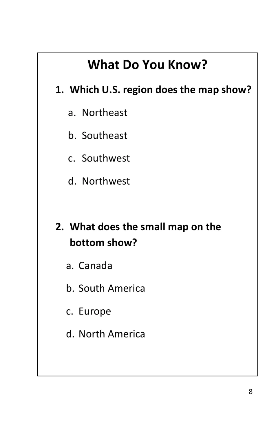 Two multiple-choice questions ask which U.S. region the Trail of Tears map shows and what its small map shows