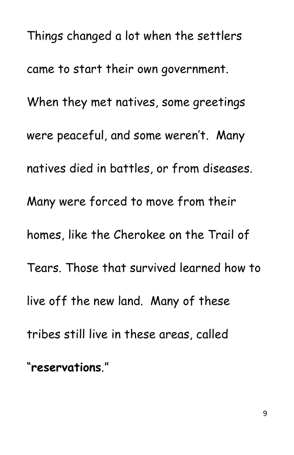 History reading describes settlers' arrival, Native American deaths, forced removal, the Trail of Tears and reservations
