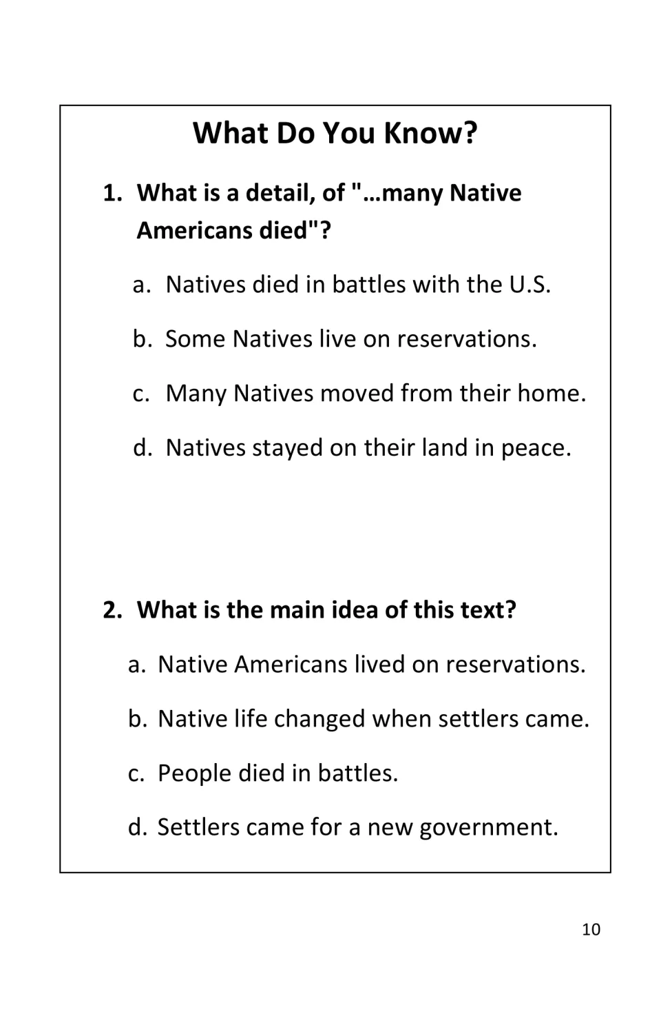 Two reading questions ask for a detail about Native American deaths and the main idea about settlers' arrival
