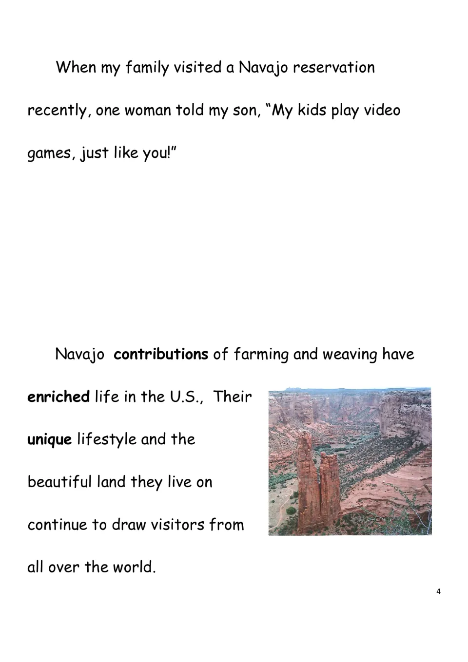 Navajo today: the author's reservation visit and Navajo farming and weaving contributions, with a canyon photo