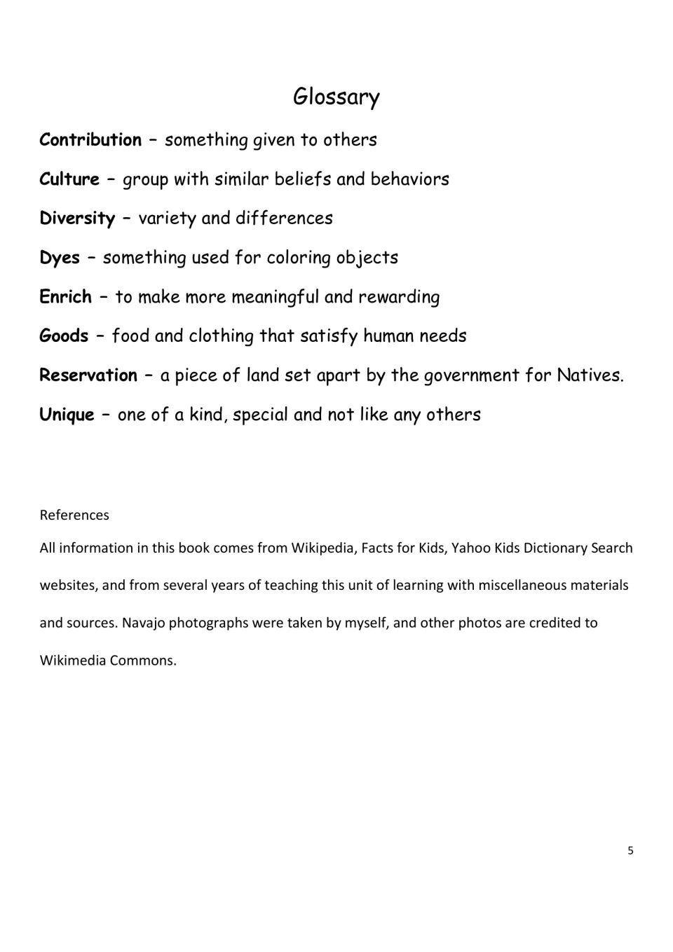 Glossary defining contribution, culture, diversity, dyes, enrich, goods, reservation and unique, followed by references