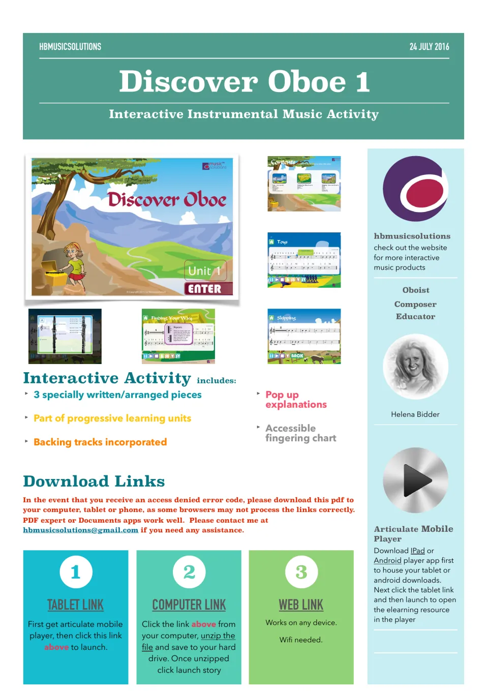 Discover Oboe 1 cover: screenshots of Toys, Finding Your Way and Skipping pieces, plus tablet, computer and web links