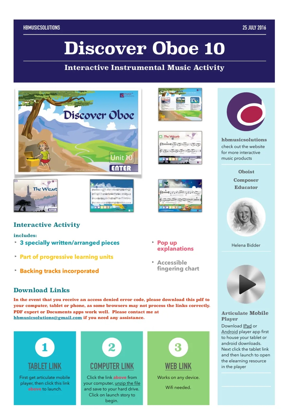 Discover Oboe 10 cover: interactive unit with 3 oboe pieces, pop-up explanations, fingering chart and backing tracks