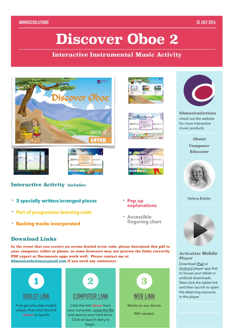 Discover Oboe 2 cover: oboe unit with 3 pieces, pop-up explanations, fingering chart and tablet, computer and web links