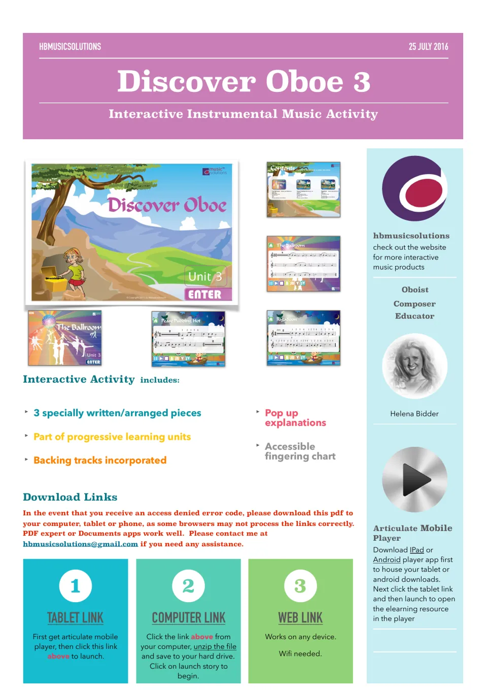 Discover Oboe 3 cover: interactive unit screenshots, 3 pieces, pop-up explanations, fingering chart and tablet/web links