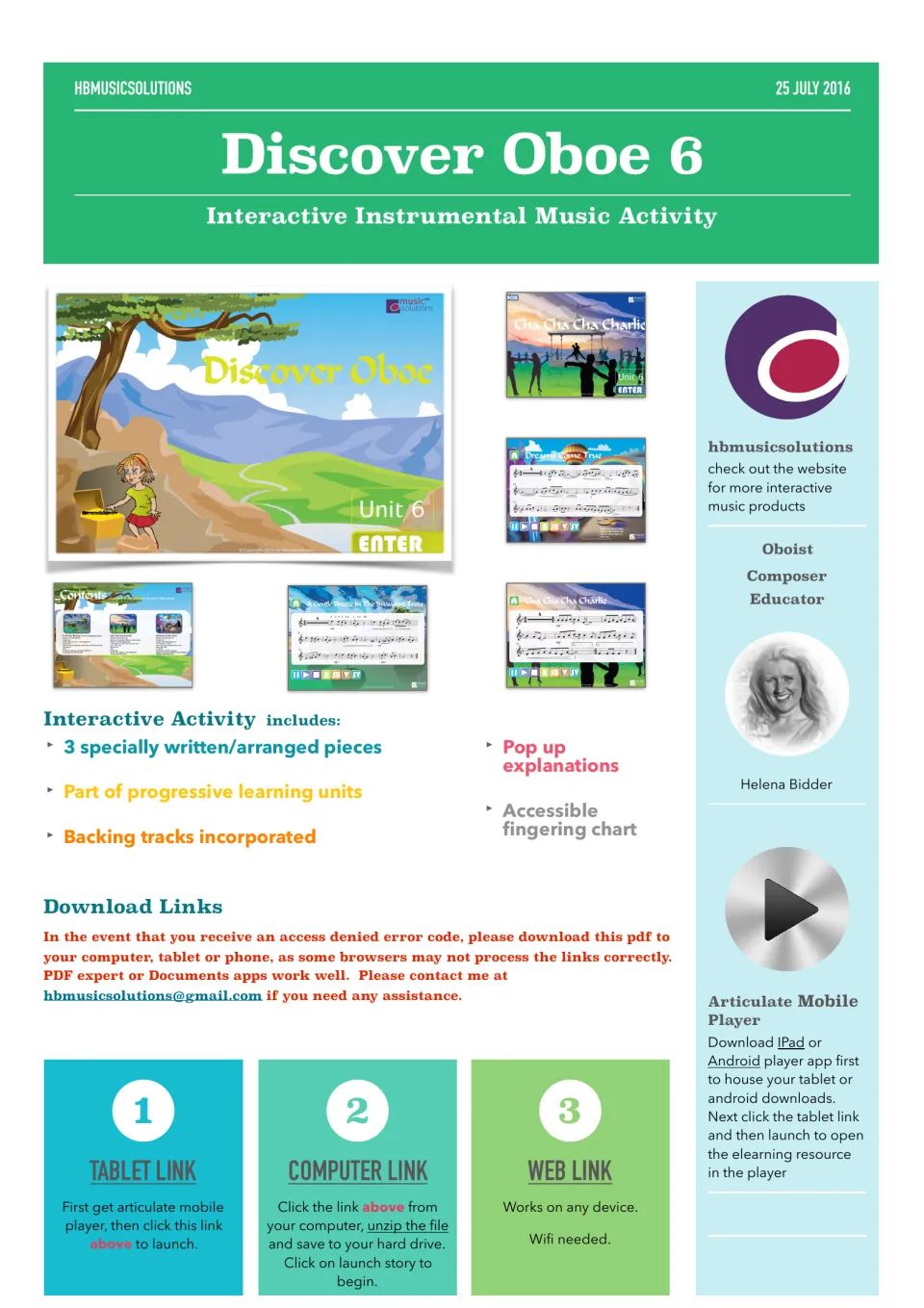 Discover Oboe 6 cover: screenshots of interactive oboe unit, 3 pieces, backing tracks and tablet, computer and web links