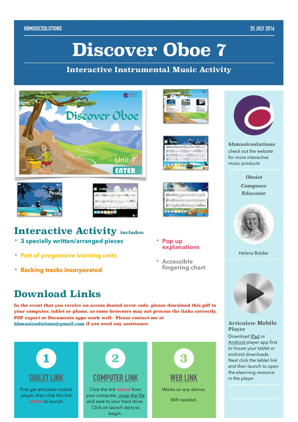 Discover Oboe 7 cover: screenshots of the Unit 7 oboe e-learning, its three pieces, and tablet, computer and web links