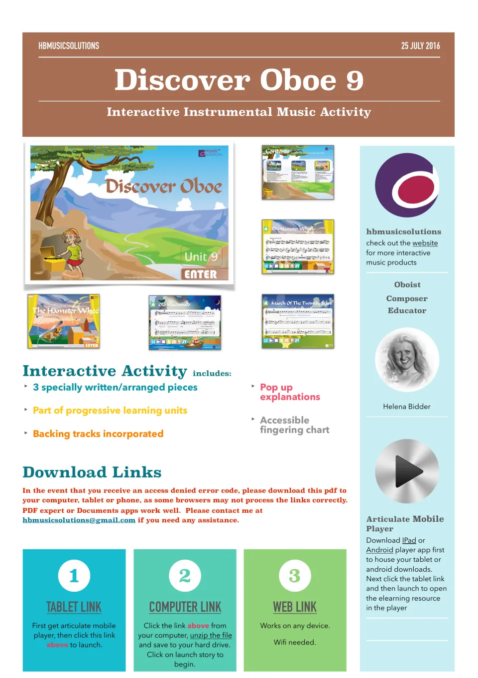 Discover Oboe 9 cover: Unit 9 interactive oboe activity with 3 pieces, pop-up explanations, fingering chart and links