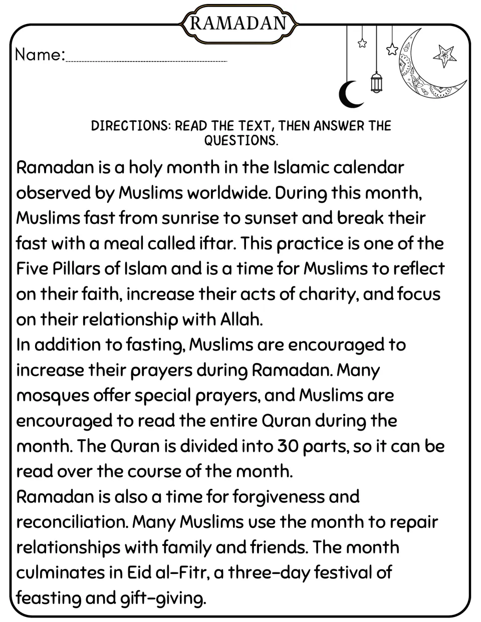Reading passage about Ramadan explains fasting, prayer, charity, reading the Quran, and Eid al-Fitr.