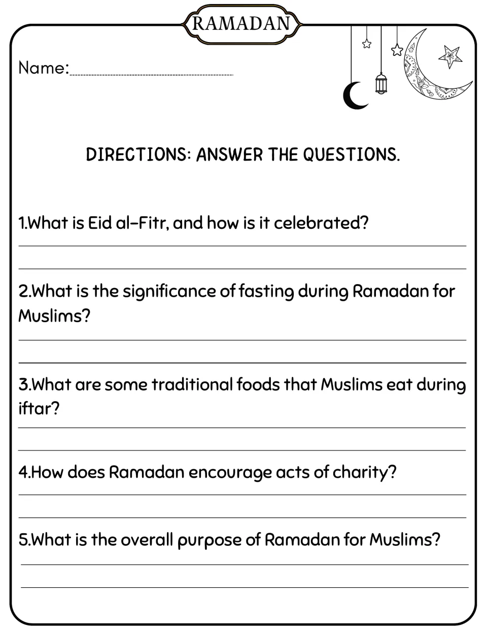 Five comprehension questions about Eid al-Fitr, fasting, traditional iftar foods, charity, and Ramadan's purpose.