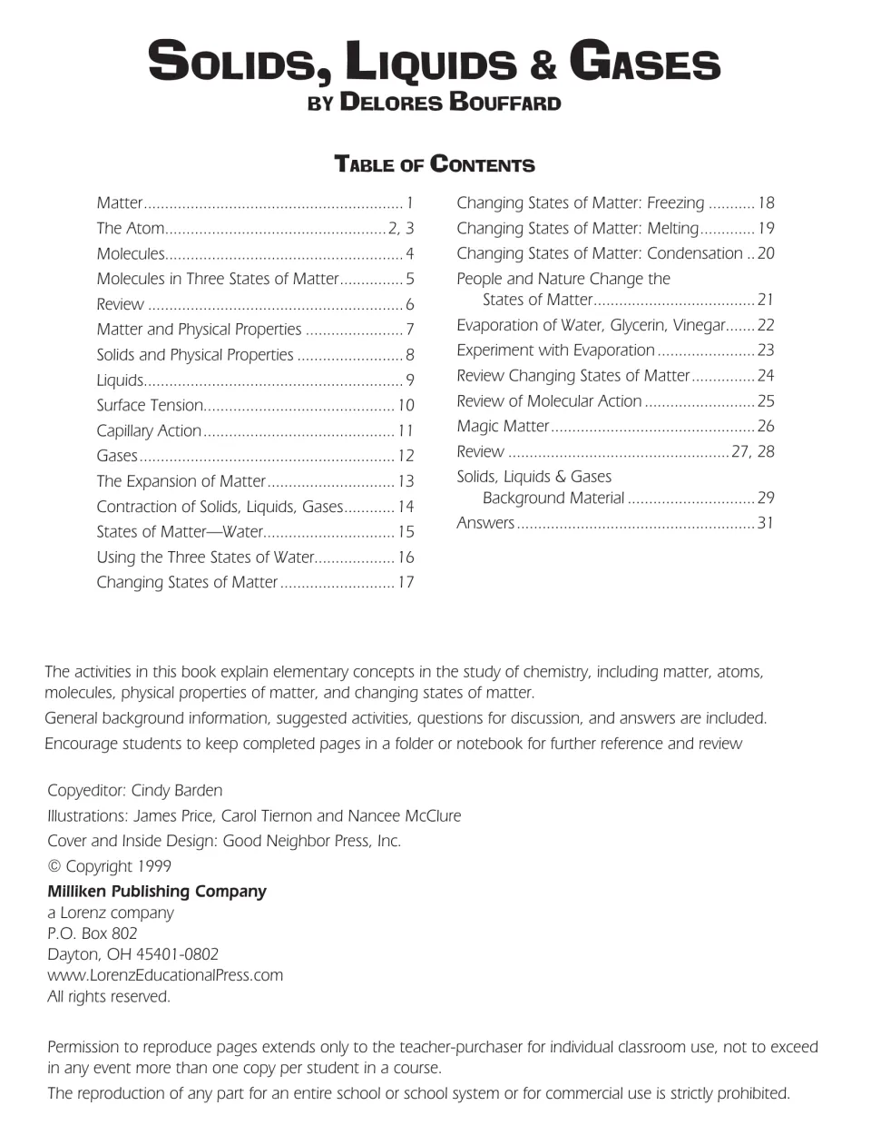 Table of contents listing topics from Matter and The Atom to Magic Matter, plus background material and answers