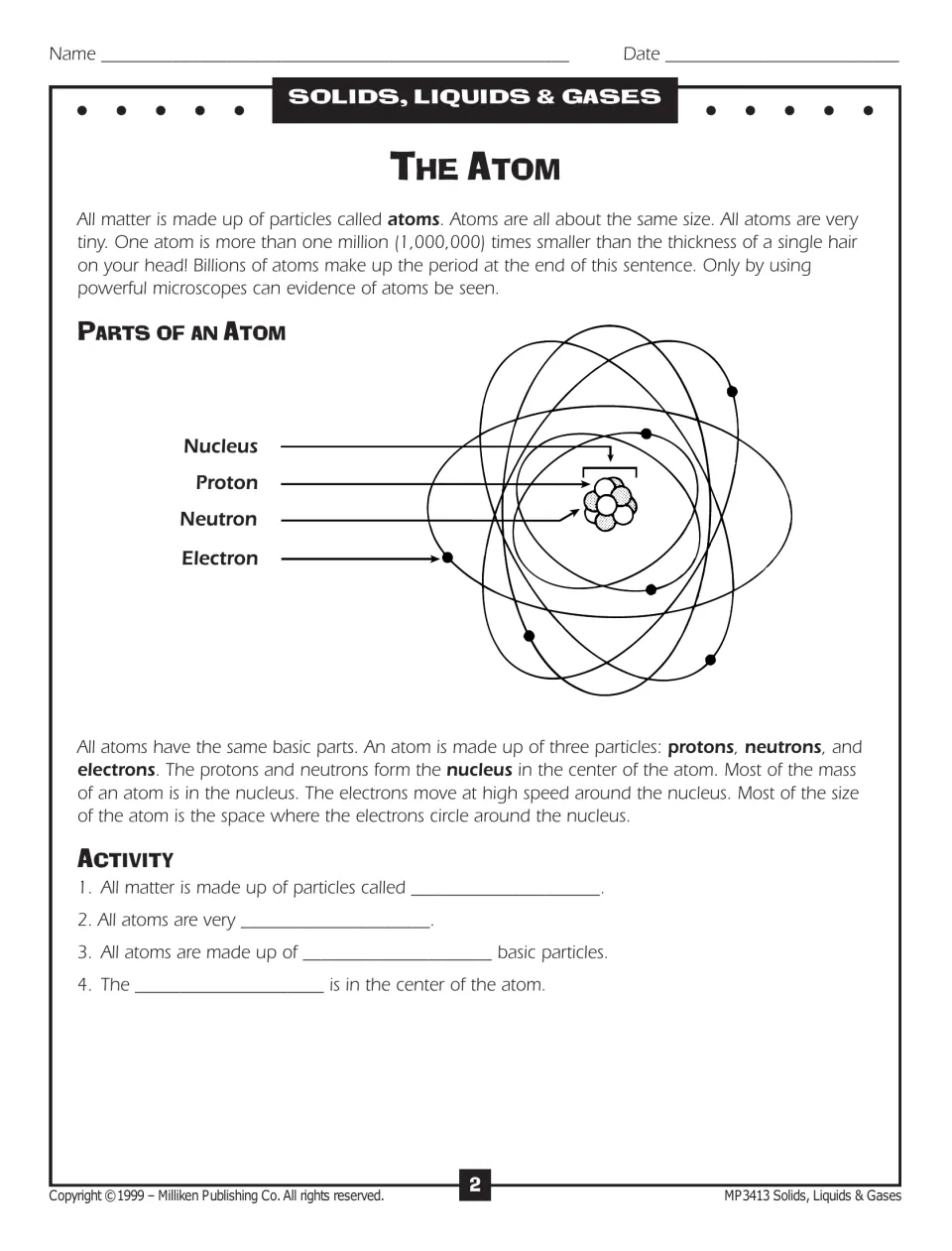 The Atom: reading on atom size with a diagram of nucleus, proton, neutron and electron, then four recall questions
