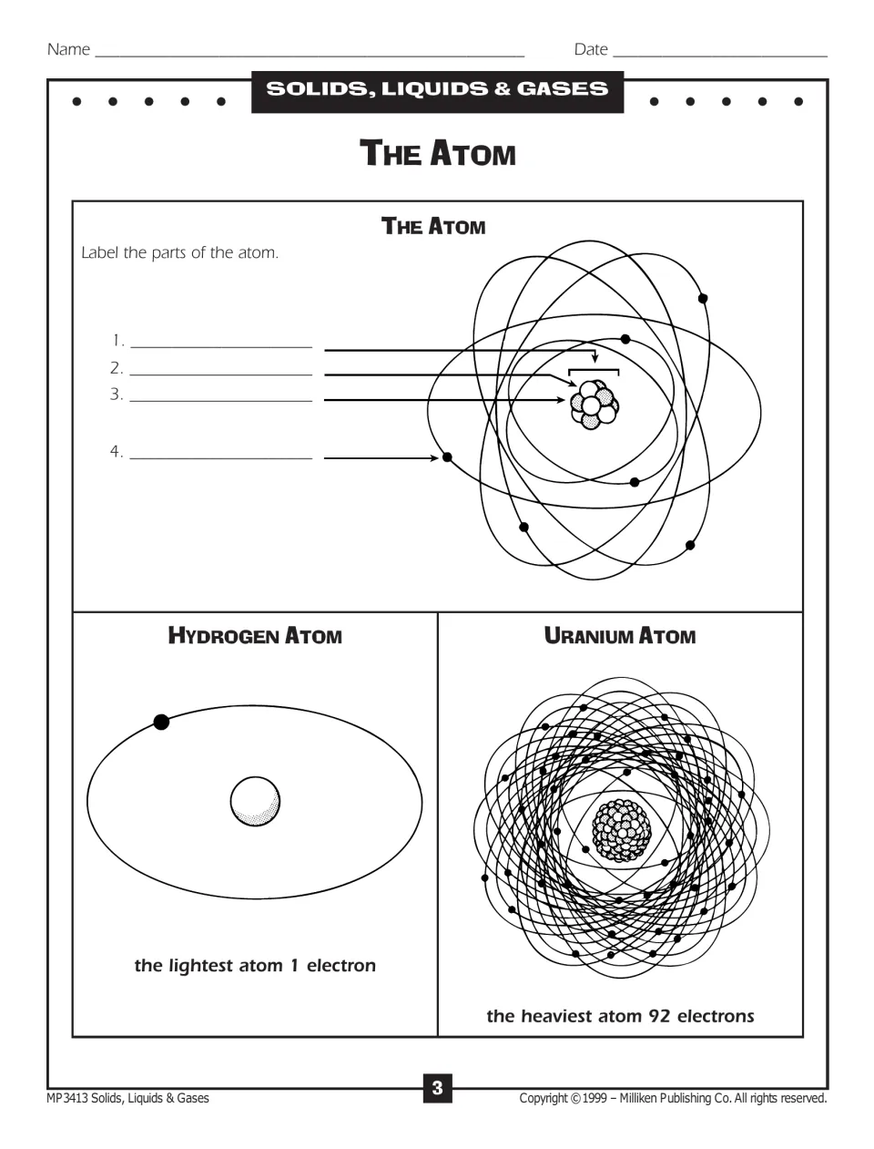 Atom diagram labeling: students name four parts of an atom, then view hydrogen (1 electron) and uranium (92 electrons)