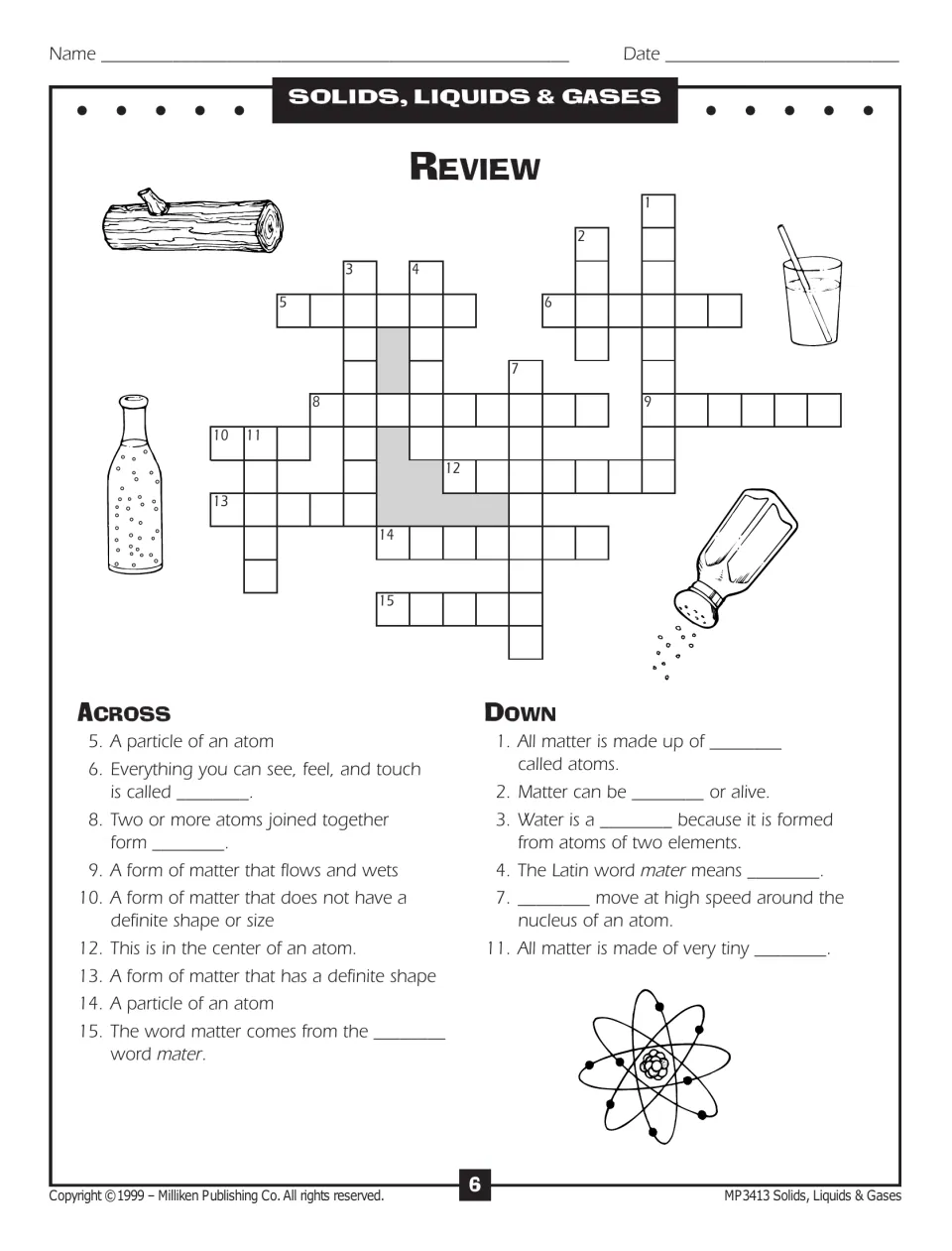 Review crossword: students solve 9 across and 6 down clues on matter, atoms, molecules, compounds and states of matter